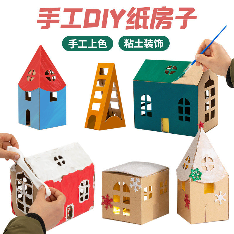 DIY Cardboard Miniature House Model Kit for Kids, Assemble and Color Paper Craft Playhouse