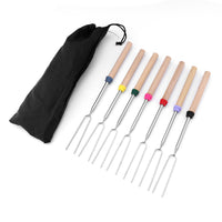 Outdoor Telescopic BBQ Fork Stainless Steel U-shaped Roasting Tool Wooden Handle Barbecue Skewer Set