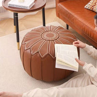 Embroidered Faux Leather Storage Ottoman Stool with Tatami Cushion, Foldable and Stackable
