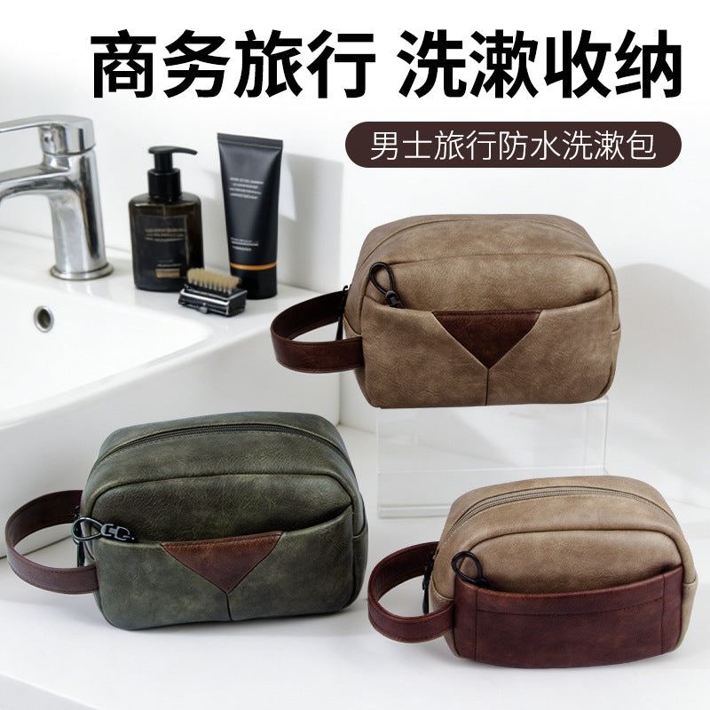 Men's PU Leather Waterproof Toiletry Bag for Travel and Business