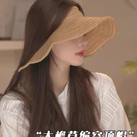 Japanese Style Straw Wide Brim Sun Visor for Women, Rollable Beach Vacation Sun Hat