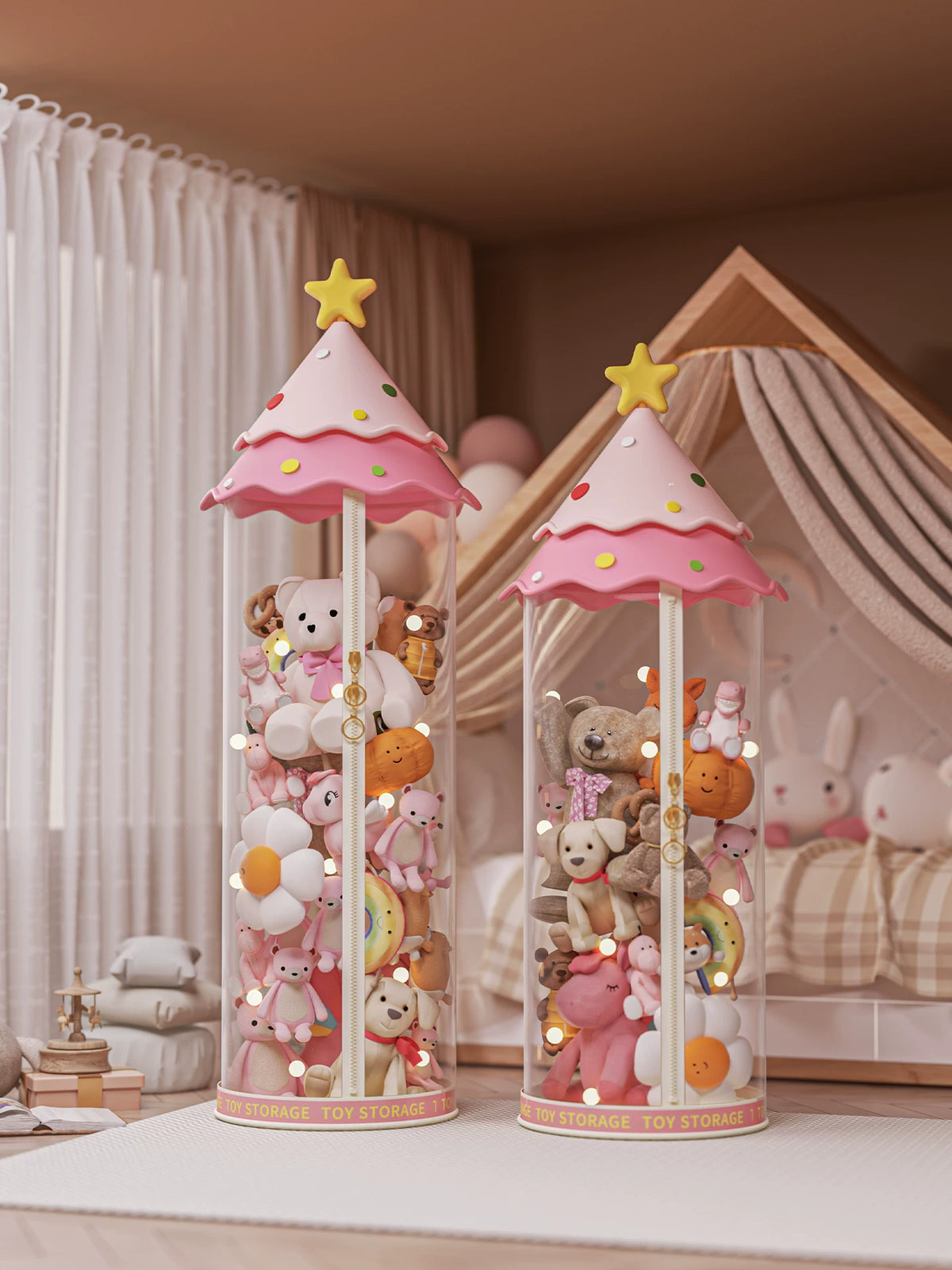 Large Diameter Plush Toy Storage Bin with Zipper, Transparent Display Barrel for Stuffed Animals