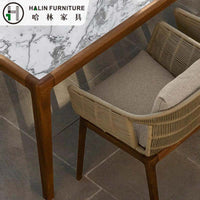 Outdoor Wicker Dining Set with Teak Legs and Rock Slab Tabletop for Patio Garden