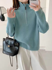 Women's Korean Style High-Neck Half-Zip Knitted Sweater