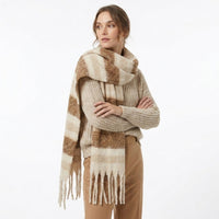 Mohair Blend Striped Scarf for Women, Korean Style Warm Thick Shawl for Spring Autumn