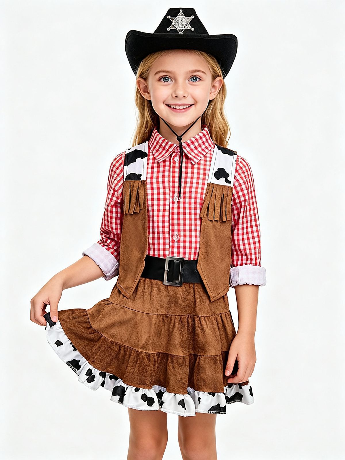 Girls' Western Cowgirl Halloween Costume Set with Plaid Vest and Skirt for Parties and Stage