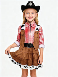 Girls' Western Cowgirl Halloween Costume Set with Plaid Vest and Skirt for Parties and Stage