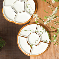 Ceramic Divided Snack Platter with Wooden Base for Nuts, Candies, and Appetizers