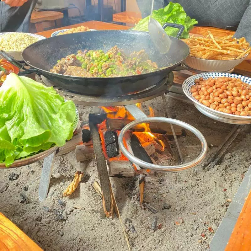 Rotating Hot Pot Grill Stand with Wood Burning Stove Rack for Outdoor Camping and Picnics