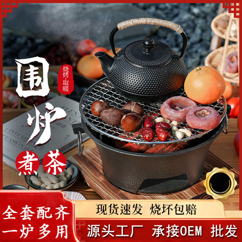 Cast Iron Charcoal Grill Stove for BBQ, Heating, Tea Ceremony, Indoor Use - Complete Set with Iron Kettle and Clay Stove