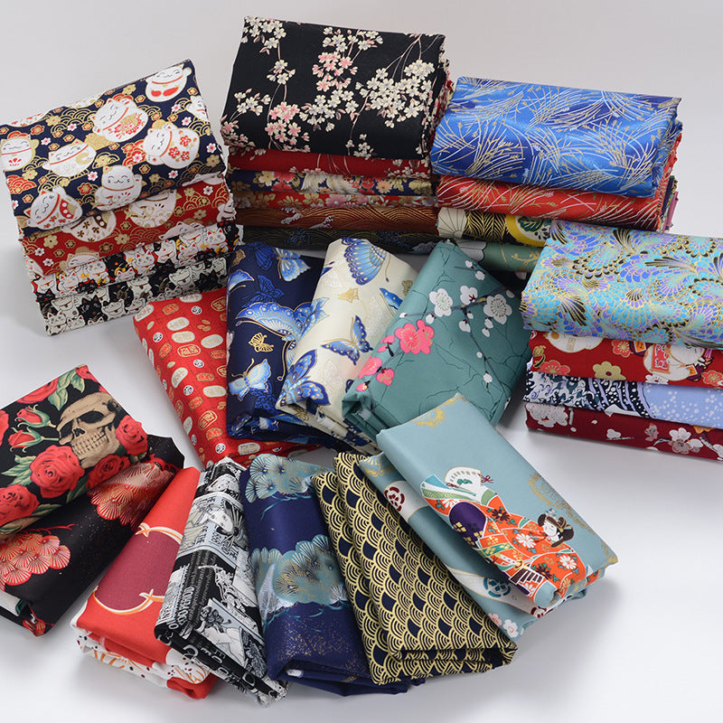 Japanese Style Pure Cotton Fabric for Kimono, Hanfu, and Doll Clothes with Gold Stamping