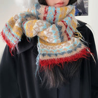 Fair Isle Colorblock Knitted Scarf for Women, Warm Retro Winter Neck Warmer