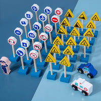 Montessori Wooden Traffic Sign Blocks Set for Kids - Educational Road Safety Toy with Vehicles and Scene Mat