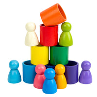 Wooden Rainbow Stacking Blocks Set with Peg Dolls for Kids, Educational Creative Building Toy