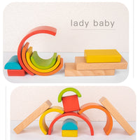 Montessori Beechwood Geometric Rainbow Stacking Blocks for Early Education