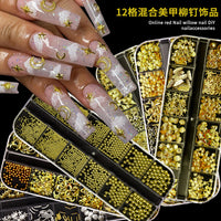 12-Grid Nail Art Decoration Kit with Metal Rivets, Sequins, and Mixed Shapes for DIY Manicures