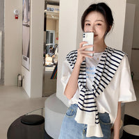 Korean Style Striped Knit Faux Wool Shawl Scarf for Women, Tie-Front Design
