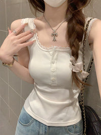 Women's Square Neck Lace Trim Button-Front Camisole Tank Top