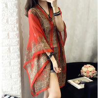Women's Summer Sun Protection Chiffon Shawl Blouse with Ethnic Print