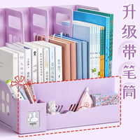 Thickened Desktop Bookends with Pen Holder, A4 Document Organizer for Office and Study, Foldable Multi-layer Plastic File Rack