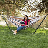 Portable Hammock with Stand, Canvas Hammock Bed with Anti-Roll Steel Frame for Indoor/Outdoor Relaxation
