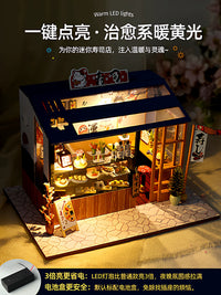 DIY Japanese Miniature Dollhouse Kit with LED Lights and Music Box - Sushi Restaurant Model Building Set