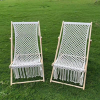 Outdoor Camping Folding Hand-Woven Cotton Rope Lounge Chair with European Pine Wood Frame, Removable Washable, Tassel Design