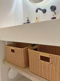 Woven Imitation Rattan Storage Basket for Bathroom Vanity and Hair Dryer