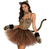 Leopard Print Cat Ear Headband Tail Gloves Set for Halloween Cosplay Party