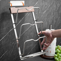 Walnut Wood & 304 Stainless Steel Wall-Mounted Pot Lid Holder with Drip Tray, No-Drill Kitchen Organizer for Cutting Boards