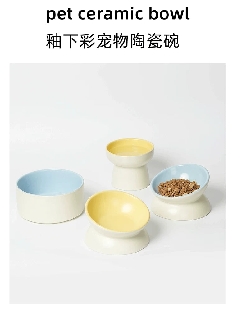 Elevated Ceramic Pet Bowl for Cats & Small Dogs, Tilted or Flat Mouth Design, Neck Protection Food & Water Dish