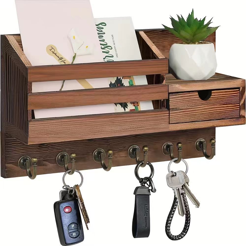 Wooden Wall Mounted Key Holder with Hooks for Entryway, Key Rack Organizer for Home