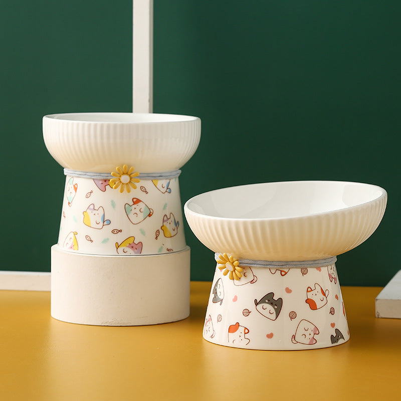 Ceramic Pet Bowl for Cats and Small Dogs, Elevated Tilted Design for Neck Protection, Anti-Spill Food and Water Dish