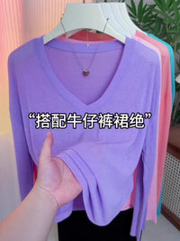 Women's V-Neck Long Sleeve UPF50 Sun Protection T-Shirt Loose Fit Solid Color Top