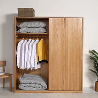 Solid Oak Wood Wardrobe with Sliding Doors, Nordic Style Home Storage Cabinet for Bedroom