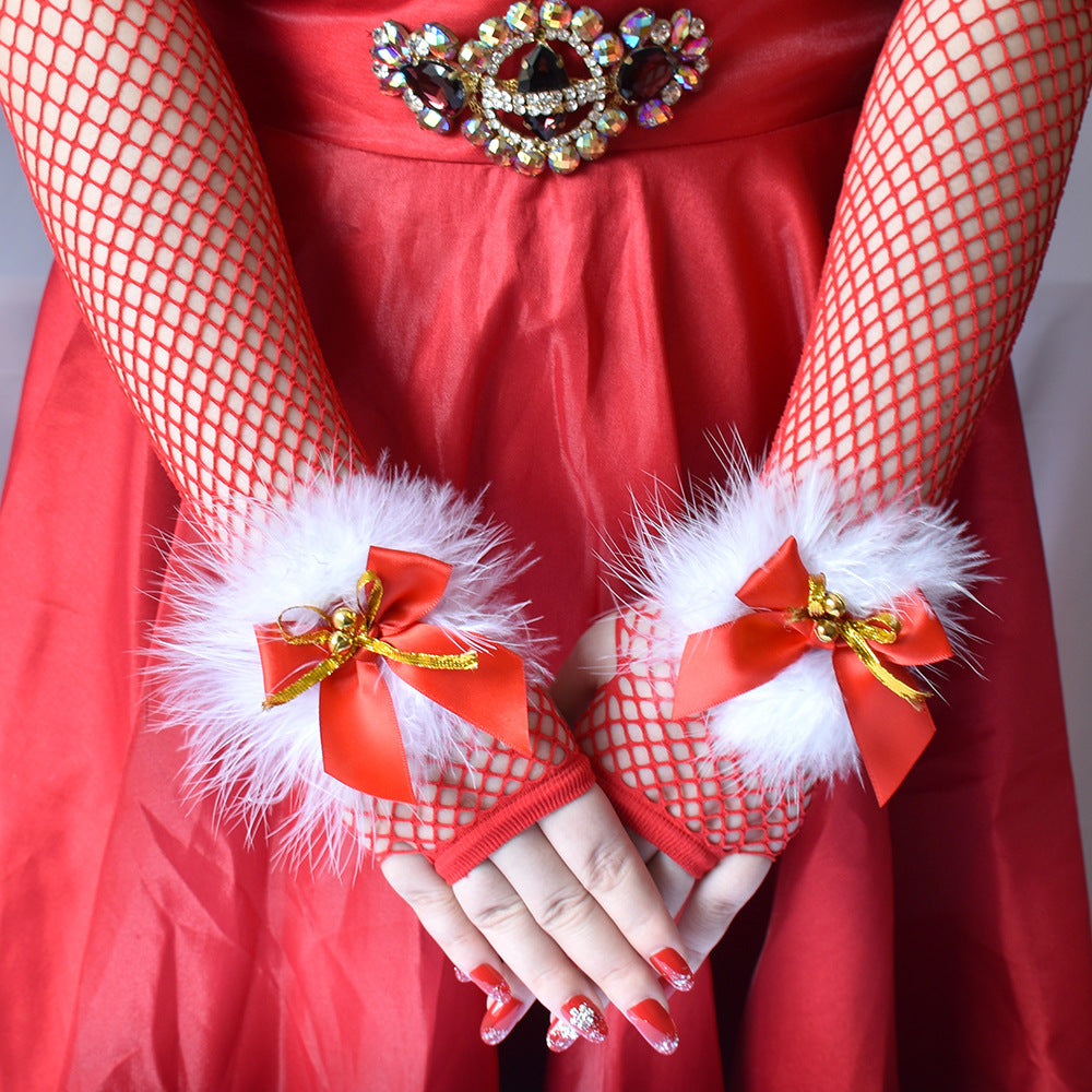 Christmas Fishnet Bell Gloves Mid-Length for Lingerie Outfits