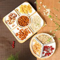Ceramic Divided Snack Platter with Wooden Base for Nuts, Candies, and Appetizers