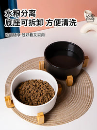 Ceramic Pet Bowl with Wooden Stand for Cats and Small Dogs, Elevated Food and Water Dish, Anti-Tip, Neck Protection