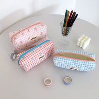 Cream Plaid Bowknot Pencil Case Portable Stationery Storage Bag for Students