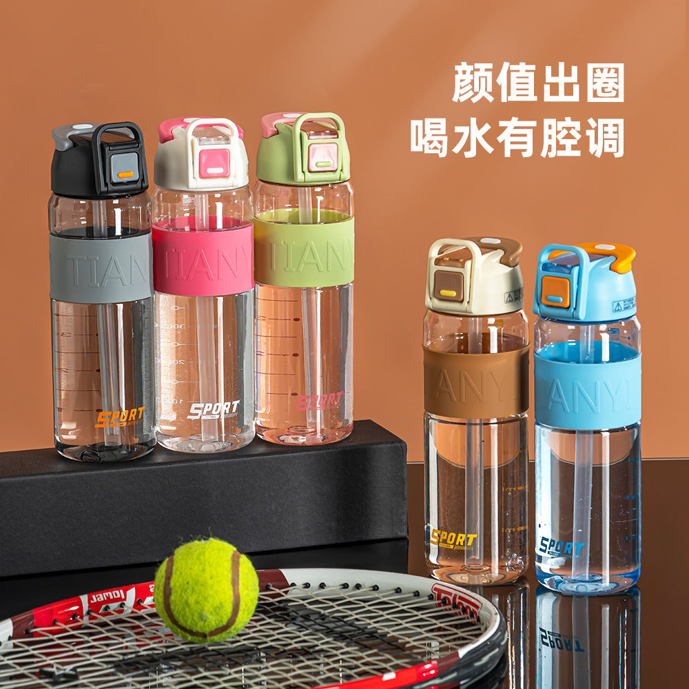 Portable Sports Water Bottle with Straw, Flip-Top Lid, Scale Markings, and Anti-Slip Silicone Sleeve