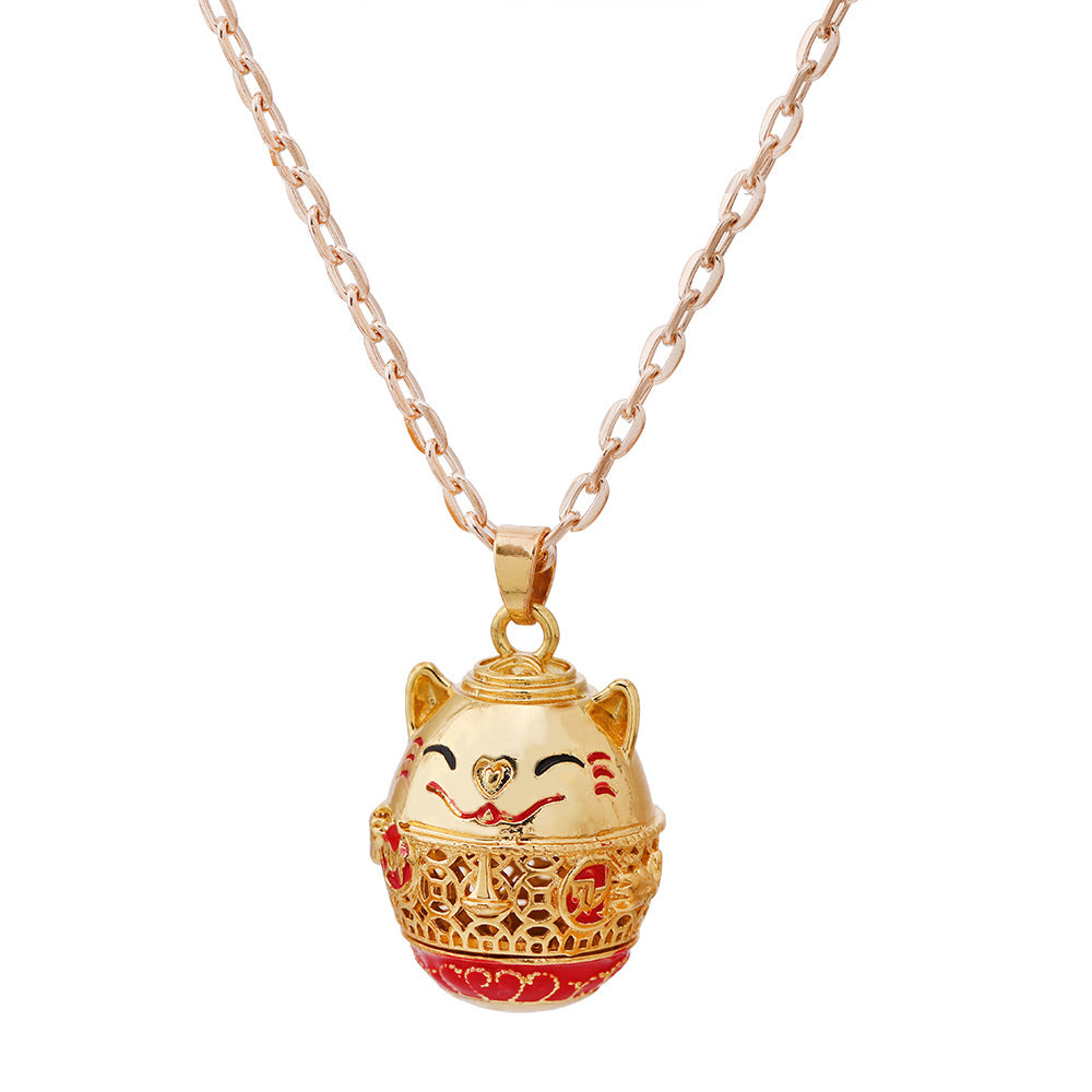 Lucky Cat Essential Oil Diffuser Locket Necklace with Chime Ball