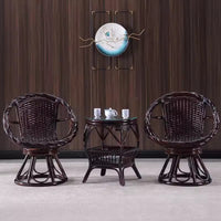 Rattan Woven Chair and Coffee Table Set, 3-Piece Balcony Single Natural Rattan Chair with Backrest, Real Rattan Swivel Chair