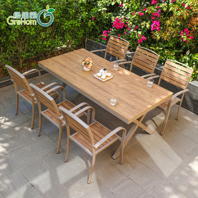 Outdoor Patio Dining Set Weather-Resistant Plastic Wood Table and Bench for Garden Balcony Cafe