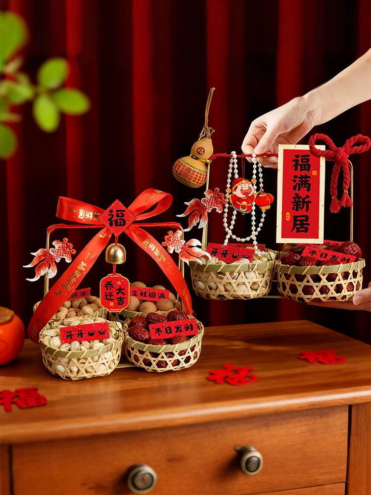 Housewarming Gift Basket with Dried Fruit Tray and Decorative Ornaments