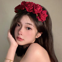 Gothic Lolita Rose Flower Headband Crown Necklace Set for Halloween Cosplay Bridal
