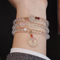 Natural Rose Quartz and White Crystal Triple-Wrap Bracelet with Peace Buckle Charm