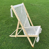 Outdoor Camping Folding Hand-Woven Cotton Rope Lounge Chair with European Pine Wood Frame, Removable Washable, Tassel Design