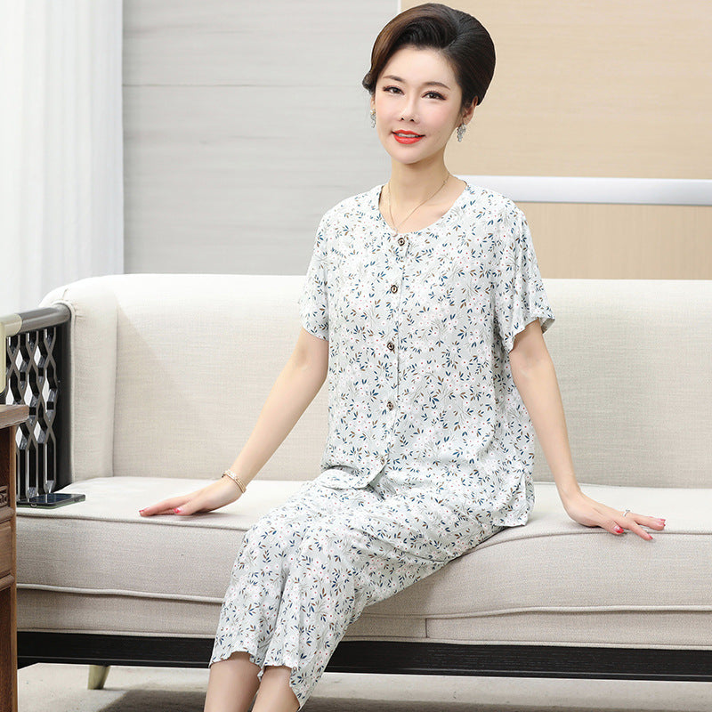 Women's Viscose Pajama Set Short Sleeve Top Long Pants Floral Print Button-Down Loungewear for Middle-Aged Mothers