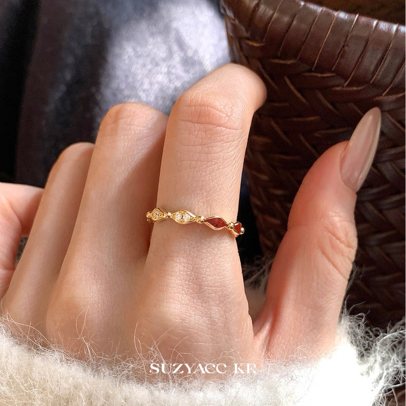 Red Enamel Rhinestone Rhombus Adjustable Ring for Women, Christmas New Year Festive Index Finger Ring