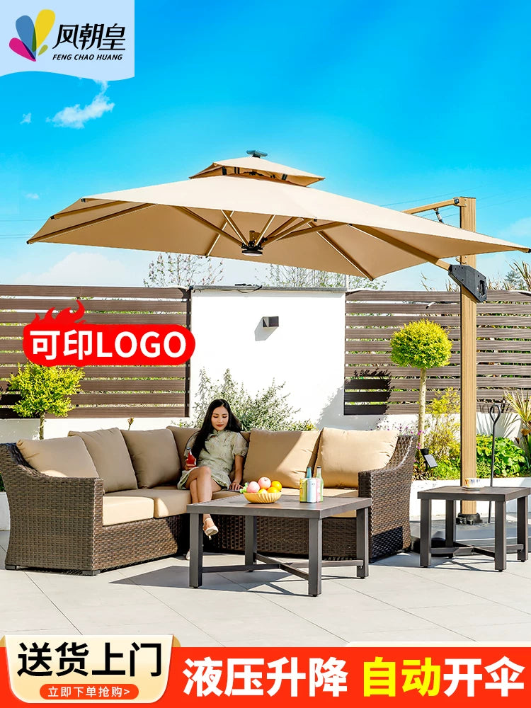 Hydraulic Patio Umbrella with Solar LED Lights, Automatic Opening Outdoor Sunshade for Garden and Yard
